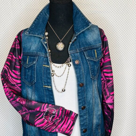 Gitty UpCycle Jackets & Blazers - OOAK UpCycled Jean Jacket w/Bright Pink & Black sleeves - S fits like M